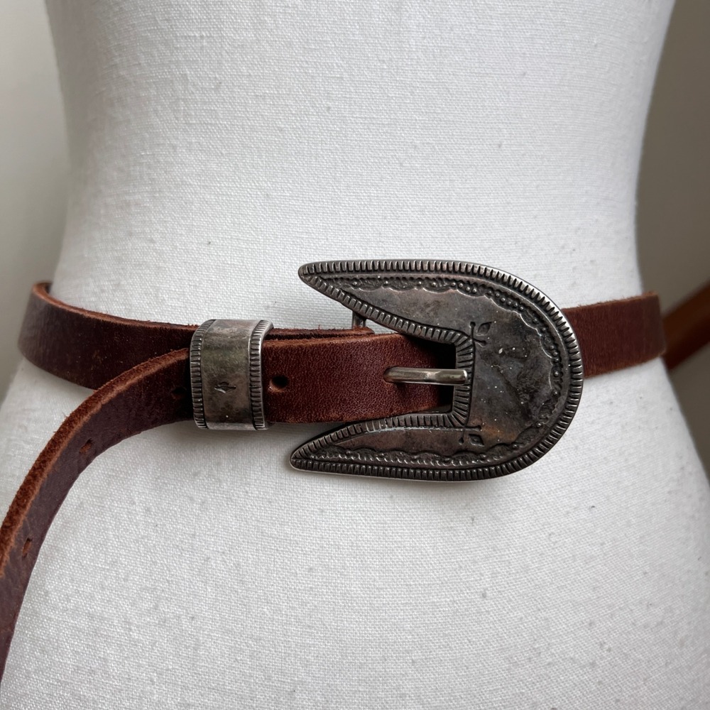 Vintage Banana Republic Safari Brown Leather Belt Western Buckle Size 28 - Picture 11 of 13